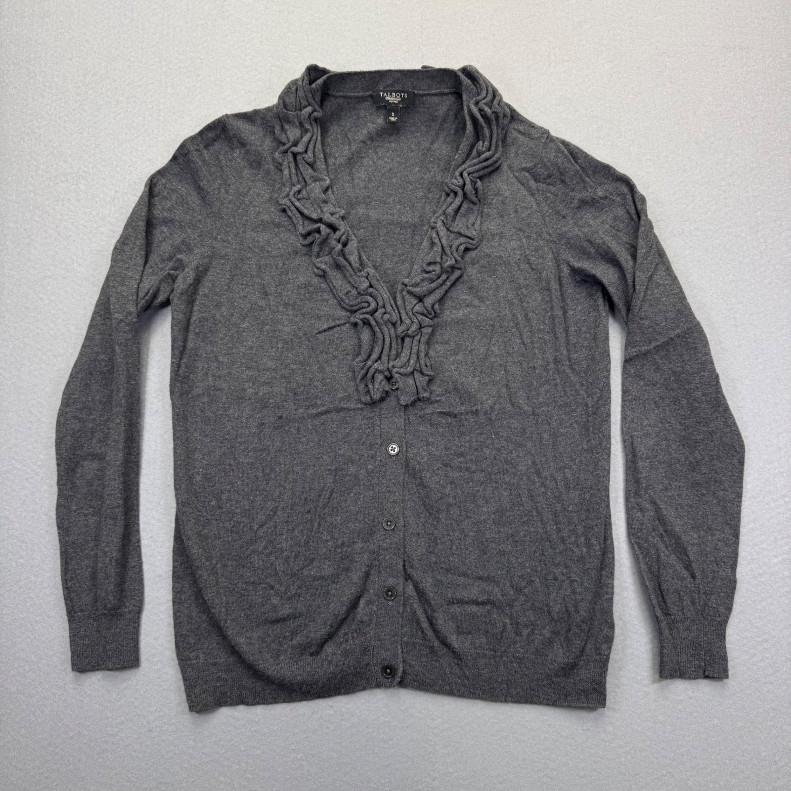 Talbots Womens Petites Small Charcoal Grey Ruffle V-Neck Wool Blend Cardigan S